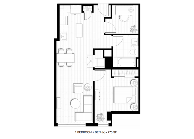 Floor plan for 1 bed, 1 bath, 773 sqft